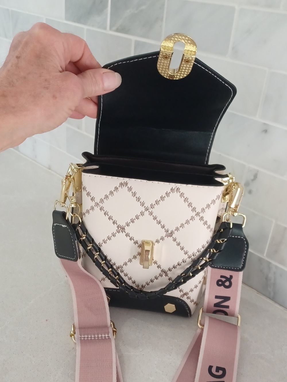 Black Cream Pink Diamond Crossbody Mini Box Bag Purse Removable Wide Strap - Picture 8 of 11